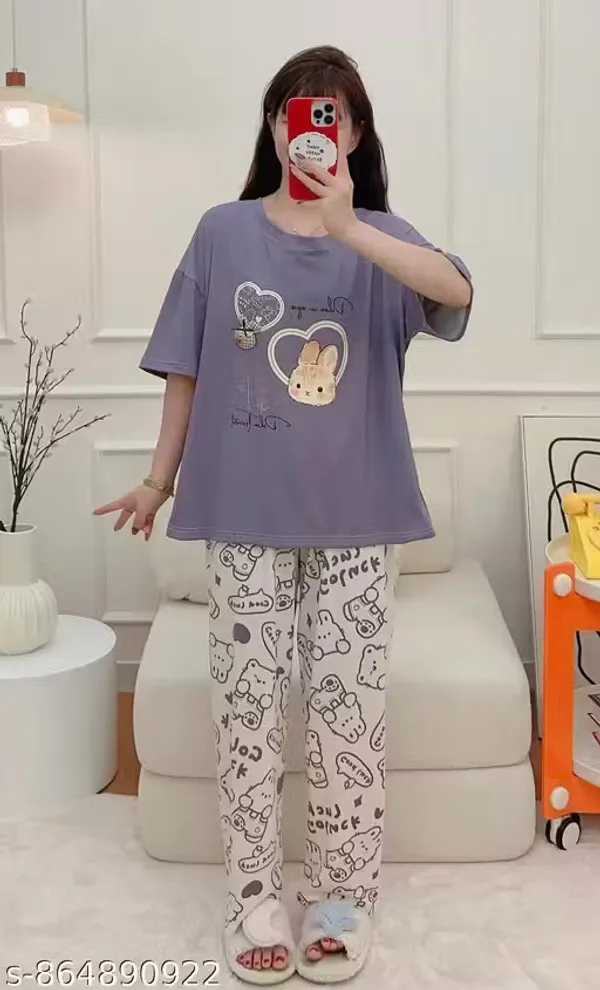 Purple_Cotton_blend_Rabbit_Print_Oversized_T_Shirt_Pajama_Set_for_Women