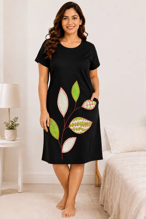 Black_Hosiery_Leaf_Applique_Short_Nighty_For_Women