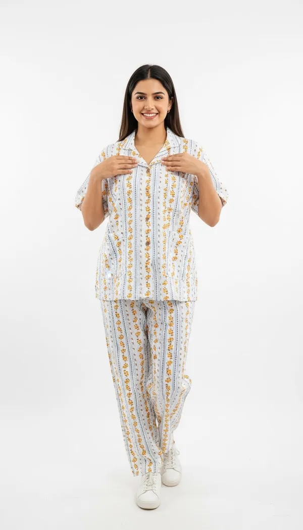 White_Cotton_Floral_Print_Braless_Pyjama_Set_For_Women
