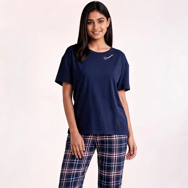 Navy_Blue_Cotton_Check_Print_Relaxed_Sleepwear_Set_For_Women