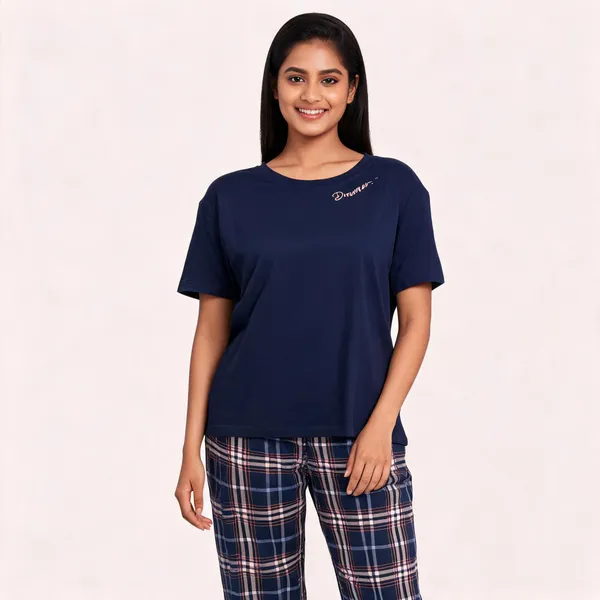 Navy_Blue_Cotton_Check_Print_Relaxed_Sleepwear_Set_For_Women
