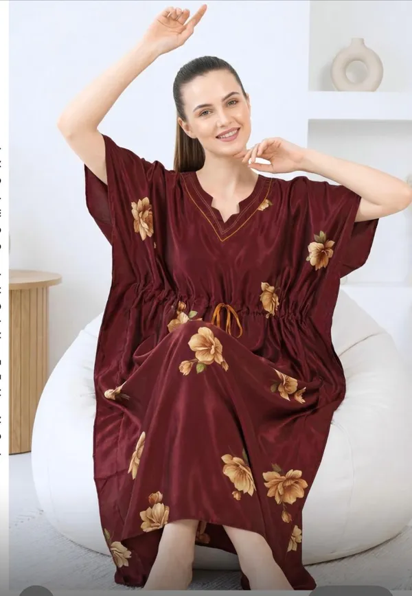 Maroon_Italian_Satin_Floral_Print_Loose_Fit_Nightdress_For_Women