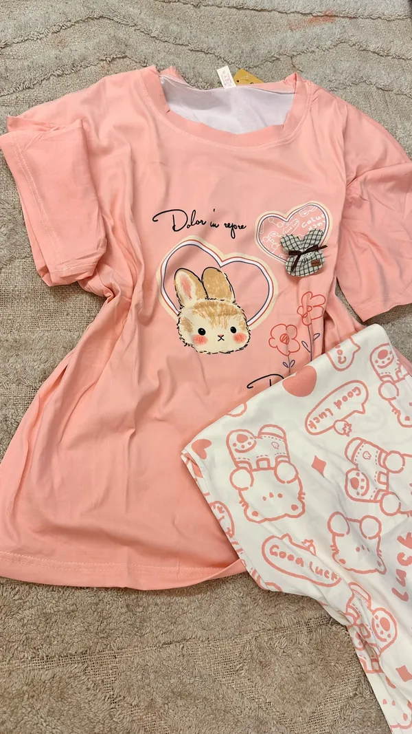 Pink_Cotton_Bunny_Print_Round_Neck_Night_Suit_For_Women