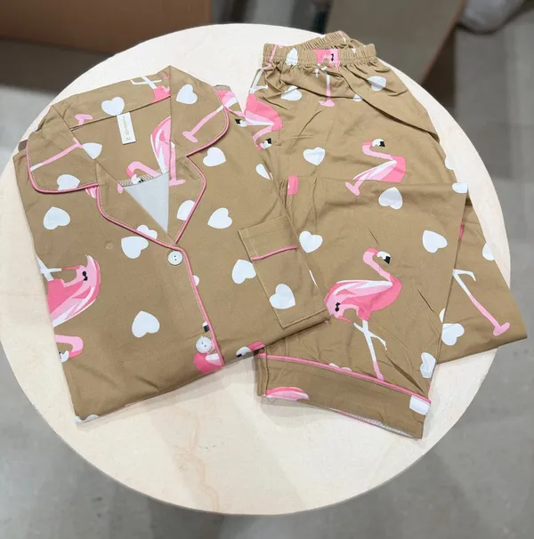 Beige_Cotton_Flamingo_Print_Notch_Collar_Night_Suit_Set_For_Women