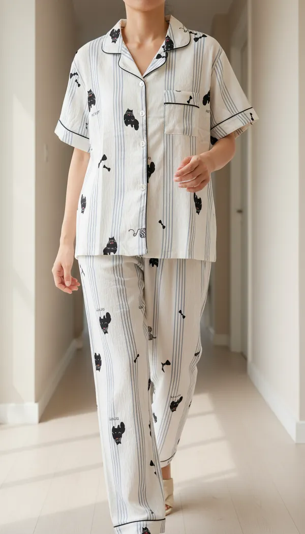 Cream_Grey_Cotton_Cat_Print_Pajama_Set_For_Women