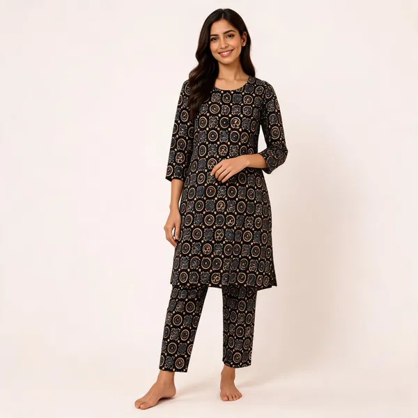 Black_Cotton_Medallion_Print_Straight_Kurta_Pyjama_Set_For_Women