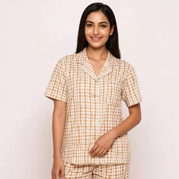 Beige_Cotton_Checkered_Notch_Collar_Night_Suit_For_Women