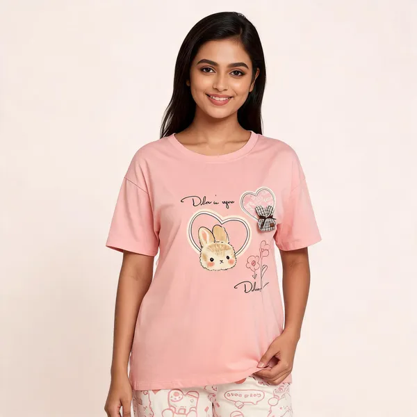 Pink_Cotton_Bunny_Print_Round_Neck_Night_Suit_For_Women