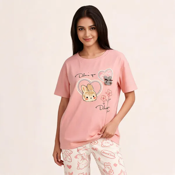 Pink_Cotton_Bunny_Print_Round_Neck_Night_Suit_For_Women