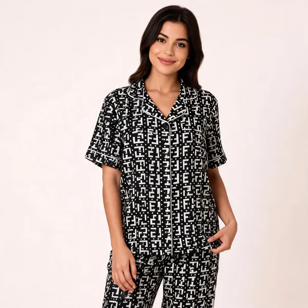 Black_White_Cotton_Monogram_Print_Notch_Collar_Pajama_Set_For_Women