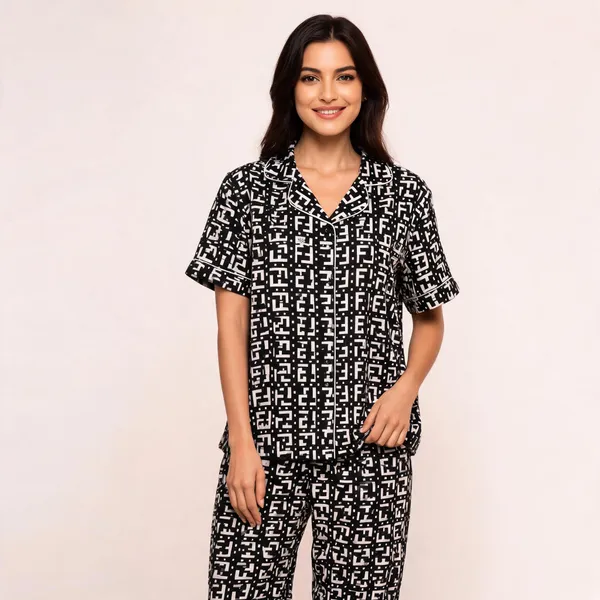 Black_White_Cotton_Monogram_Print_Notch_Collar_Pajama_Set_For_Women