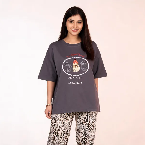 Grey_Cotton_Blend_Oversized_Graphic_Print_T_Shirt_Pajama_Set_For_Women