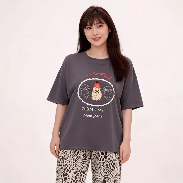 Grey_Cotton_Blend_Oversized_Graphic_Print_T_Shirt_Pajama_Set_For_Women