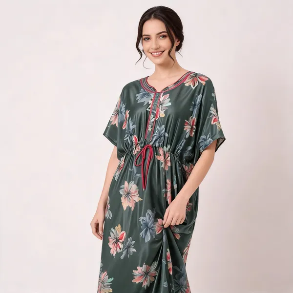 Dark_Green_Italian_Satin_Floral_Print_Loose_Fit_Nightdress_For_Women