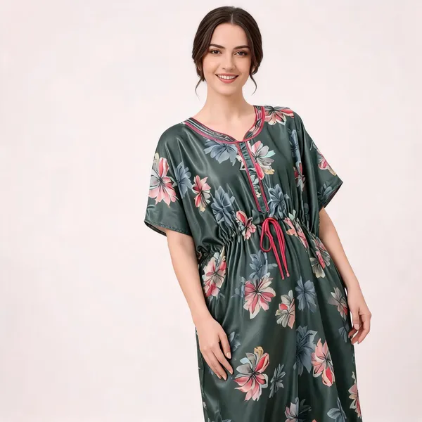 Dark_Green_Italian_Satin_Floral_Print_Loose_Fit_Nightdress_For_Women