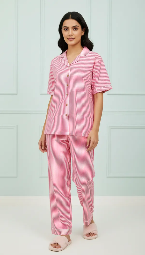 Red_Cotton_Striped_Braless__Pajama_Set_For_Women