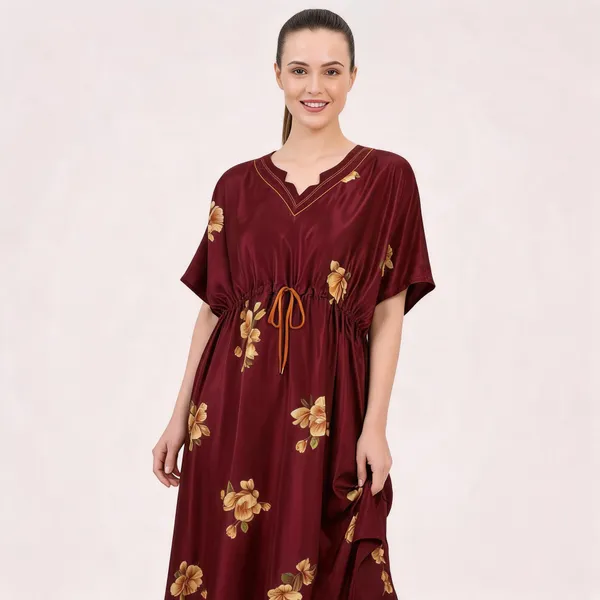 Maroon_Italian_Satin_Floral_Print_Loose_Fit_Nightdress_For_Women