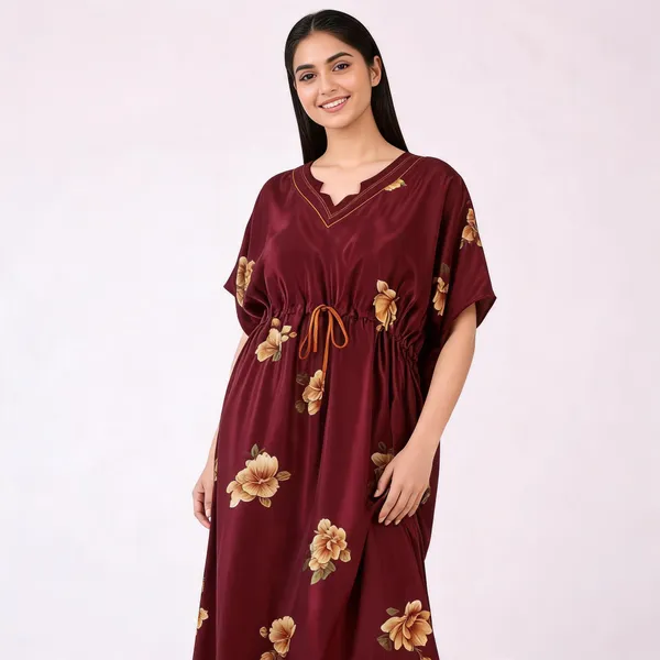 Maroon_Italian_Satin_Floral_Print_Loose_Fit_Nightdress_For_Women