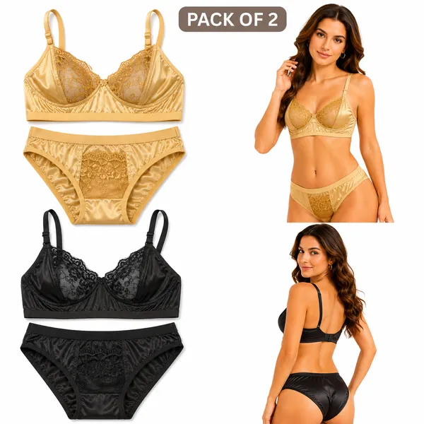 Golden_Satin_Lace_Non-Wired_Lingerie_Set_for_Women