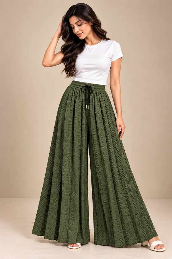 Mehendi_khajoori_kniting__Lycra_Pleated_Trouser_For_Women_Without_Pockets