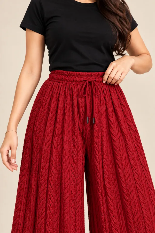 Red_khajoori_kniting_lycra__Pleated_palazzos__For_Women