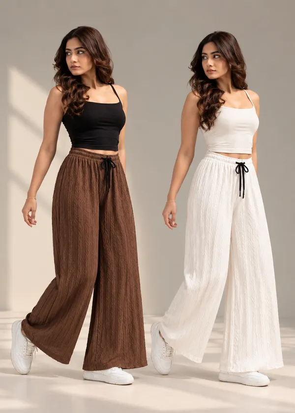 Brown_&_White_Khajoori_kiniting_lycra_Sarina_Pleated_Trouser_For_Women_(Pack_Of_2)