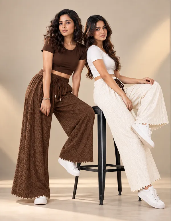 Brown_&_White_Khajoori_kiniting_lycra_Sarina_Pleated_Trouser_For_Women_(Pack_Of_2)