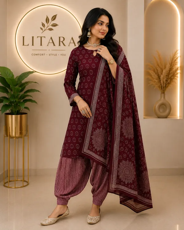 Maroon_Cotton_Rayon_Kurti_with_Circular_Print_For_women's
