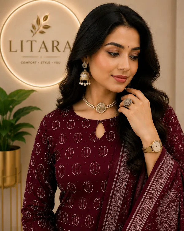 Maroon_Cotton_Rayon_Kurti_with_Circular_Print_For_women's