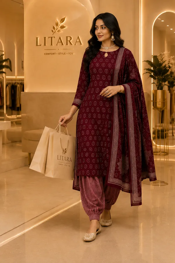 Maroon_Cotton_Rayon_Kurti_with_Circular_Print_For_women's