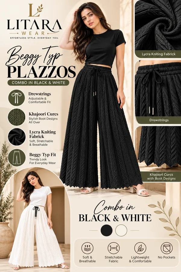 Black_&_White_Khajoori_knitting_lycra_Sarina_Pleated_Trouser_For_Women_(Pack_Of_2)