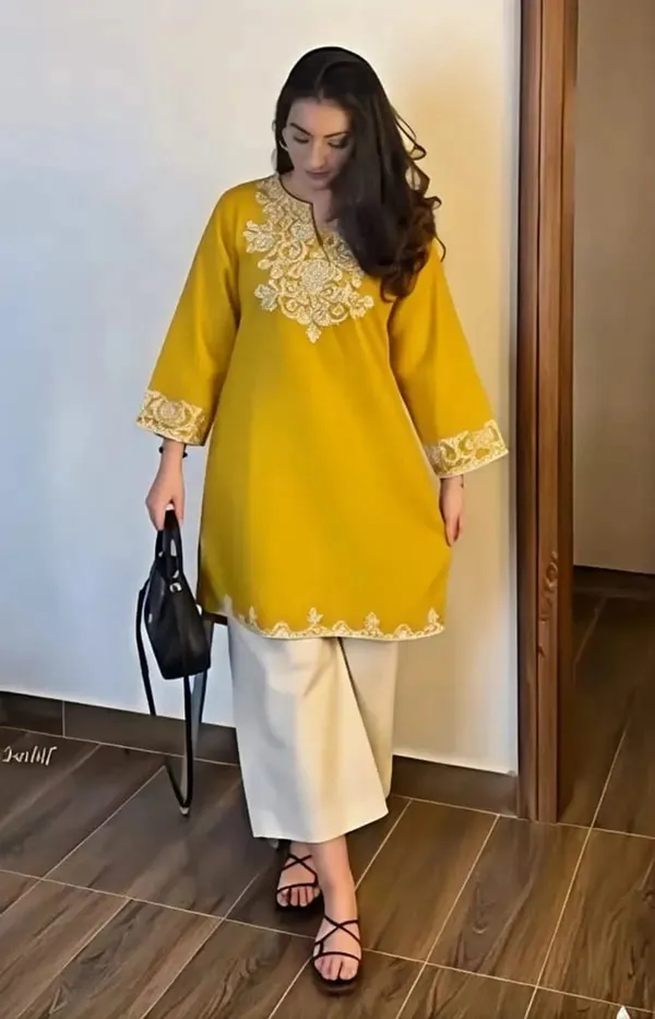 Mustard_Yellow_And_Off-White_Cotton_Kurti_With_Palazzo_Set_For_Women