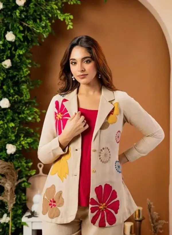 Beige-Floral-Embroidered-Co-Ord-Set-with-Blazer