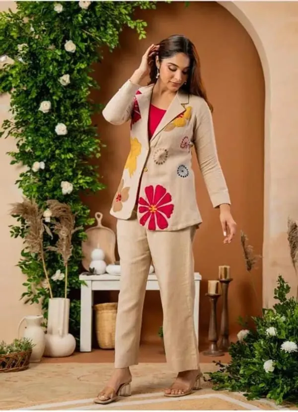 Beige-Floral-Embroidered-Co-Ord-Set-with-Blazer
