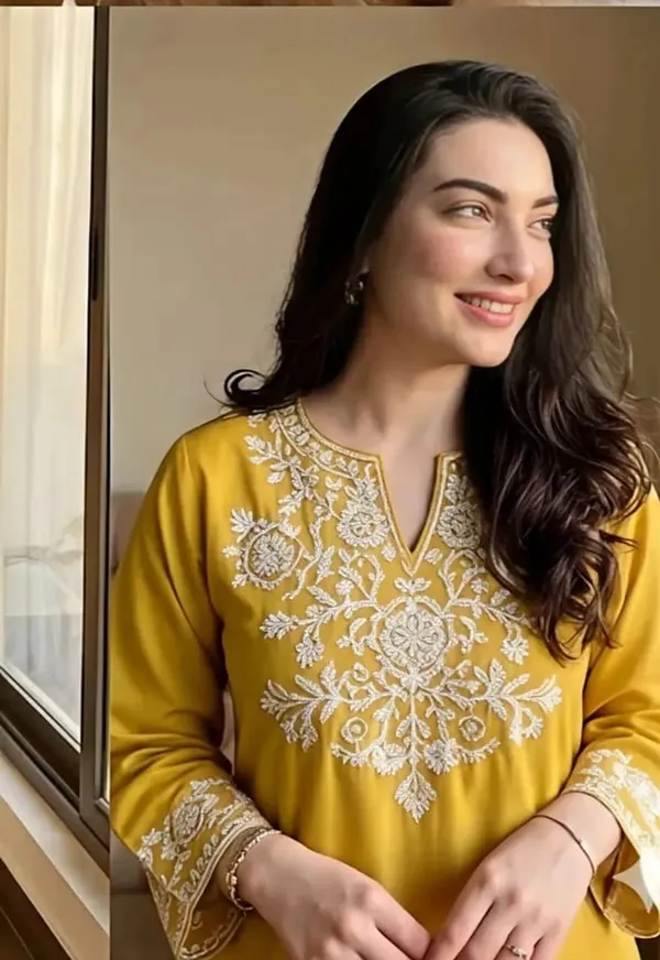 Mustard_Yellow_And_Off-White_Cotton_Kurti_With_Palazzo_Set_For_Women