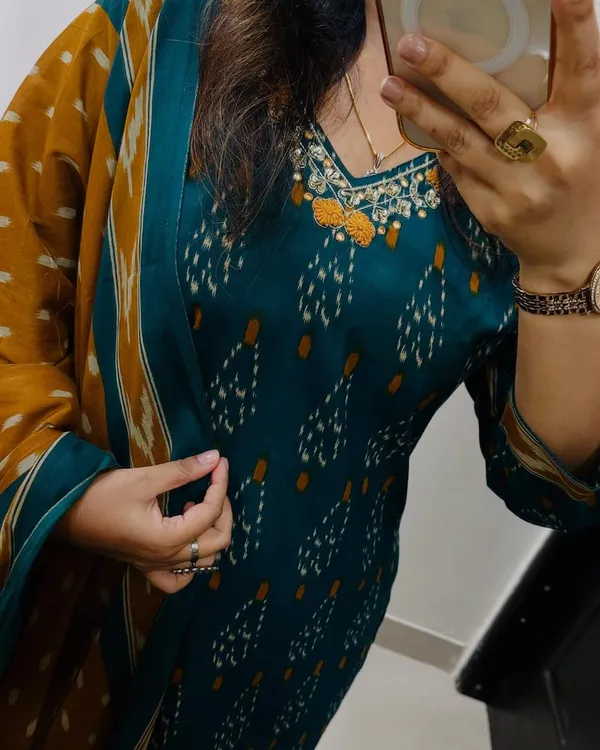 Women's_Teal_Blue_&_Mustard_Cotton_Printed_Kurta_Pant_Dupatta_Set