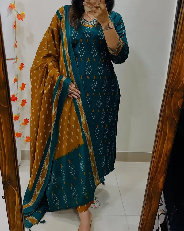 Women's_Teal_Blue_&_Mustard_Cotton_Printed_Kurta_Pant_Dupatta_Set