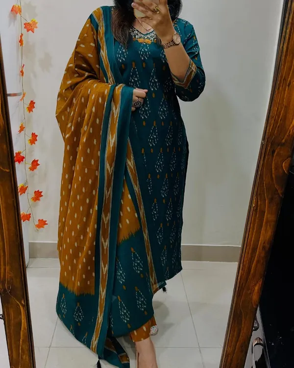 Women's_Teal_Blue_&_Mustard_Cotton_Printed_Kurta_Pant_Dupatta_Set