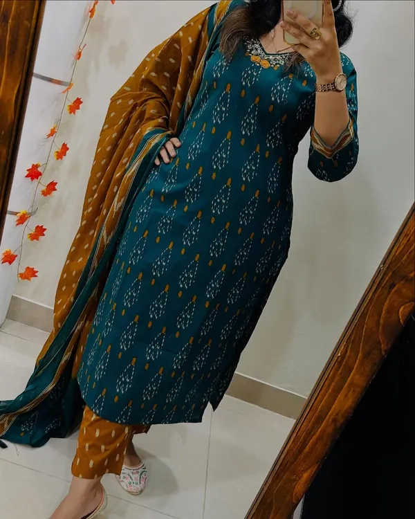 Women's_Teal_Blue_&_Mustard_Cotton_Printed_Kurta_Pant_Dupatta_Set