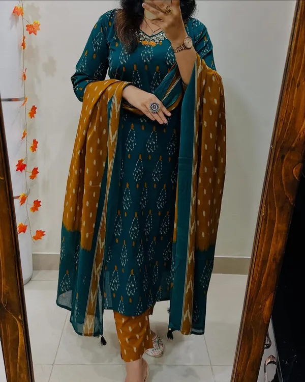 Women's_Teal_Blue_&_Mustard_Cotton_Printed_Kurta_Pant_Dupatta_Set