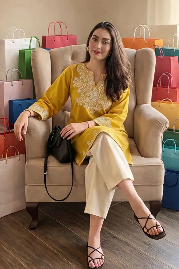 Mustard_Yellow_And_Off-White_Cotton_Kurti_With_Palazzo_Set_For_Women