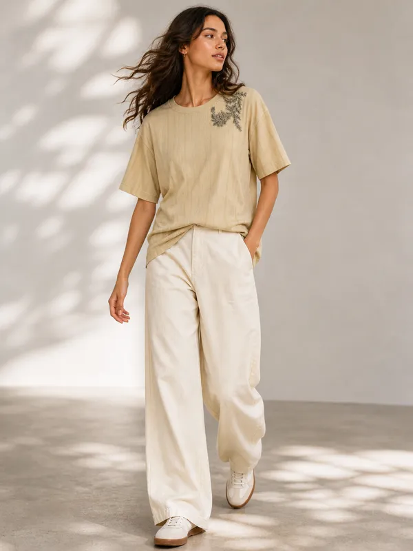 Sandstone_Drop_Shoulder_T-Shirt_With_Leaf_Embroidery