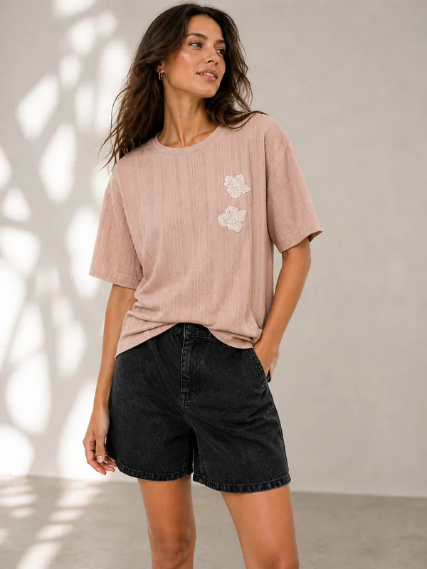 Peach_Drop_Shoulder_T-Shirt_With_Floral_Embroidery