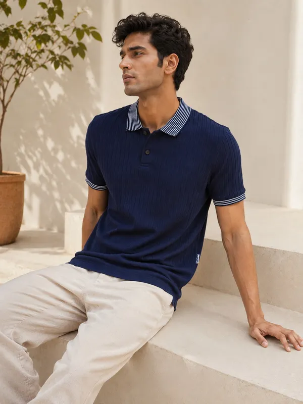 Dark_Blue_Cotton_Rich_Jacquard_Ribcraft_Collar_T-Shirt_For_Men