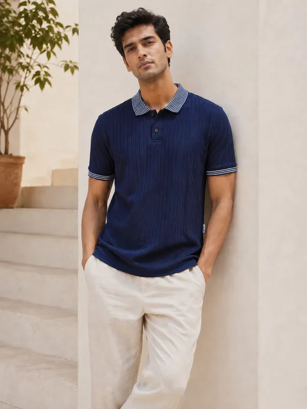Dark_Blue_Cotton_Rich_Jacquard_Ribcraft_Collar_T-Shirt_For_Men
