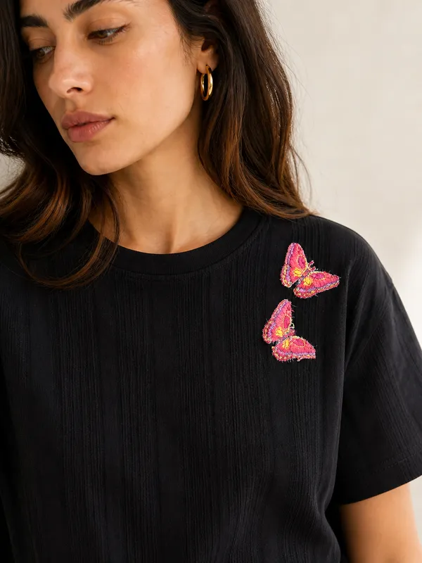 Black_Drop_Shoulder_T-Shirt_With_Butterfly_Embroidery