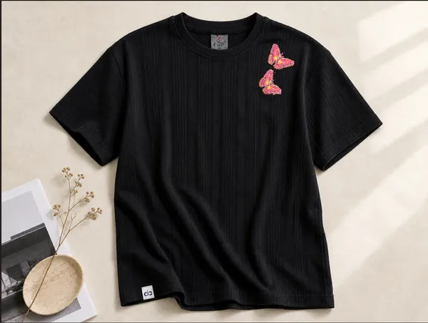 Black_Drop_Shoulder_T-Shirt_With_Butterfly_Embroidery