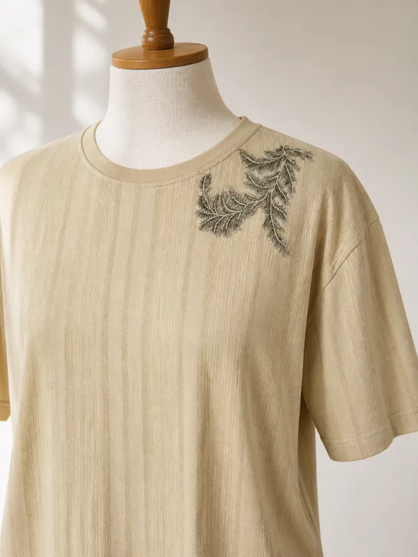 Sandstone_Drop_Shoulder_T-Shirt_With_Leaf_Embroidery