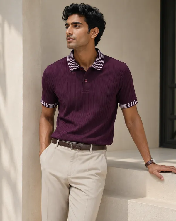 Wine_Cotton_Rich_Jacquard_Ribcraft_Collar_T-Shirt_For_Men