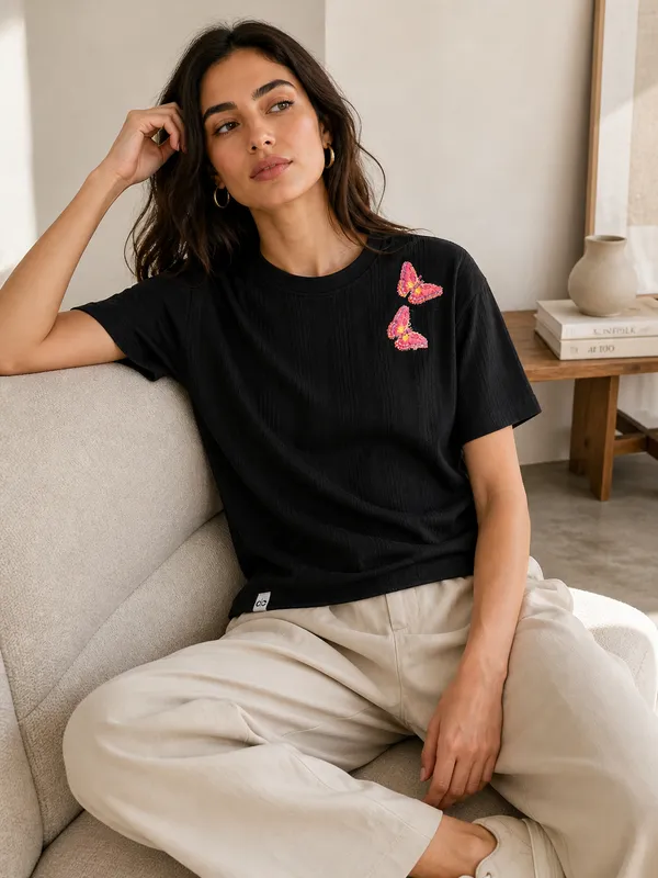 Black_Drop_Shoulder_T-Shirt_With_Butterfly_Embroidery